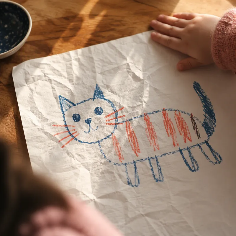 A crumpled drawing of a cat smoothed flat again, a child's hand pressing down one corner.