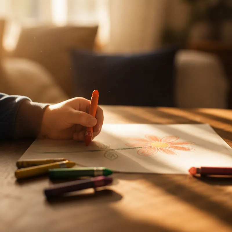 A young child sits at a table in afternoon light, quietly absorbed in drawing a flower.