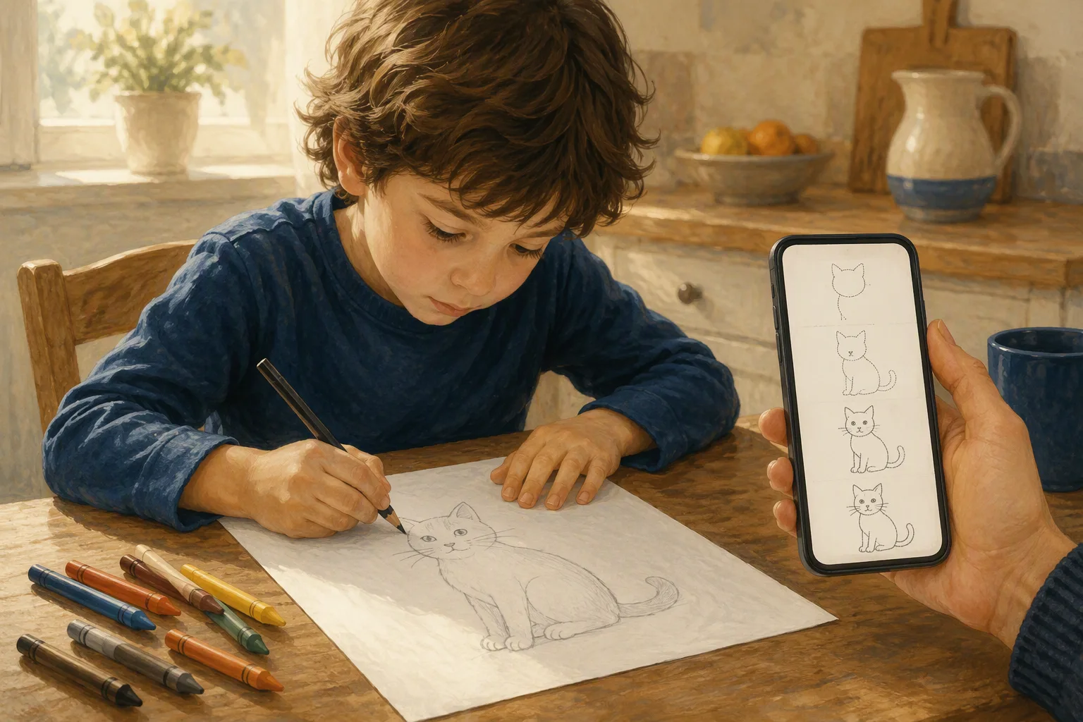 A child draws a cat on paper at a kitchen table while a parent holds a phone showing the step-by-step guide.