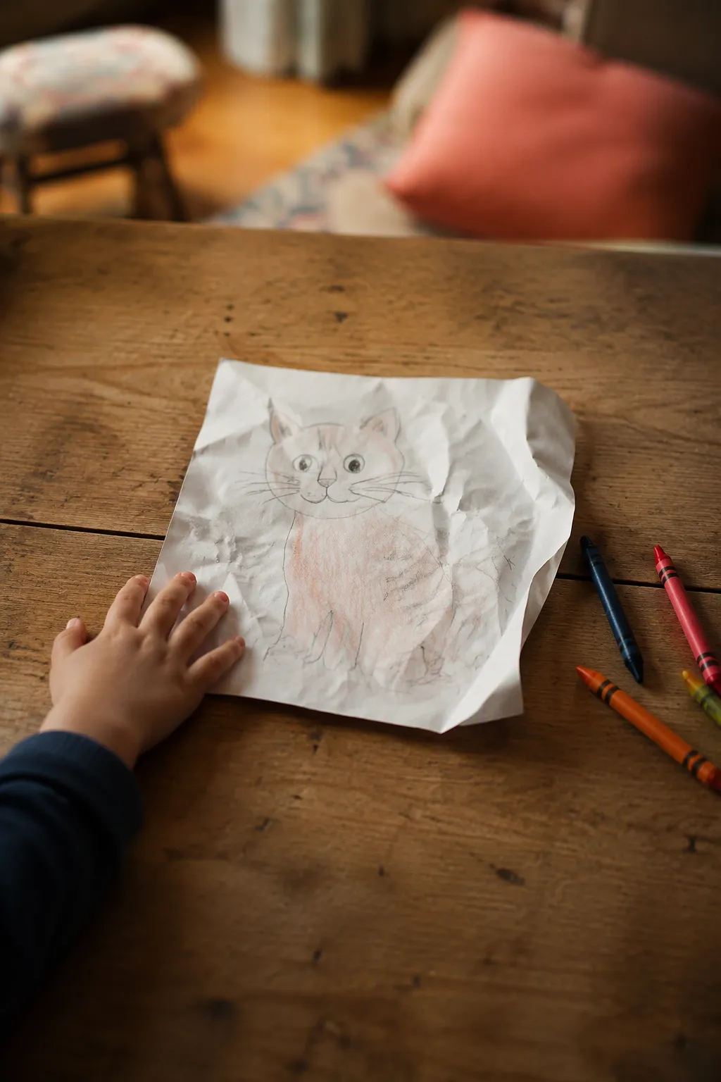 A young child begins to crumple their own drawing of a cat, head turned down and away.
