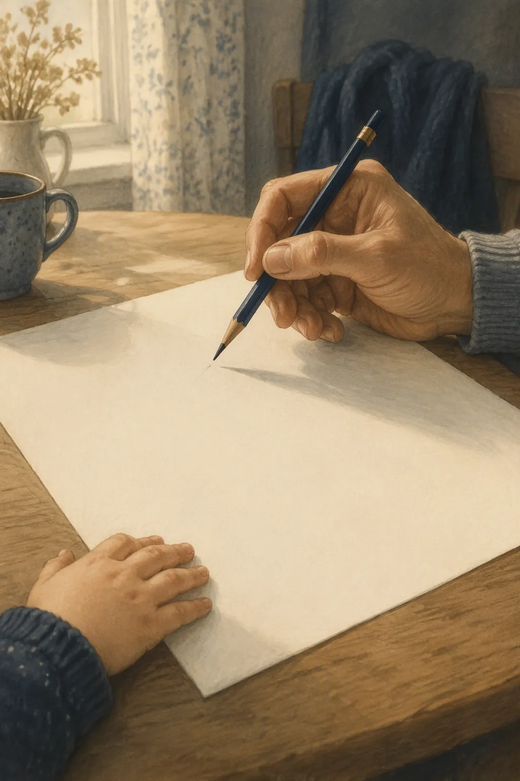 An adult's hand holds a pencil above a completely blank sheet of paper, hesitating, while a child's hand waits at the edge.