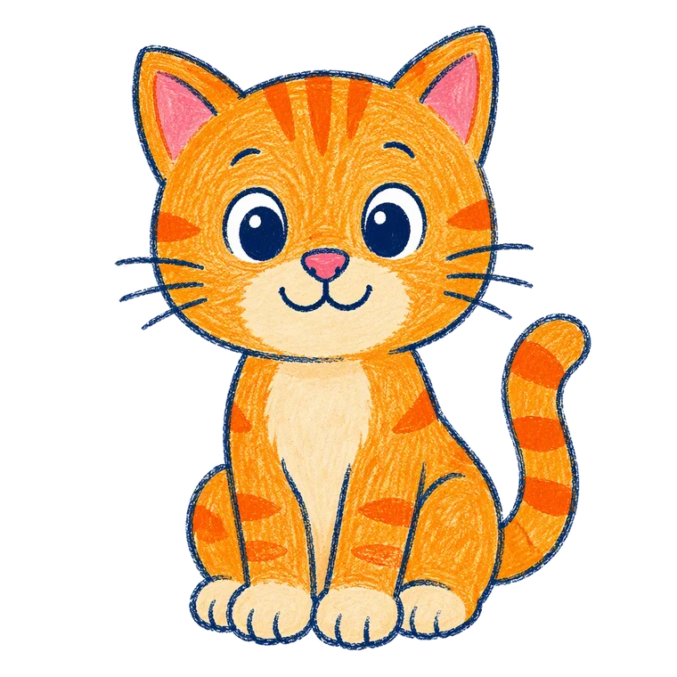 A cheerful orange tabby kitten drawn in crayon.